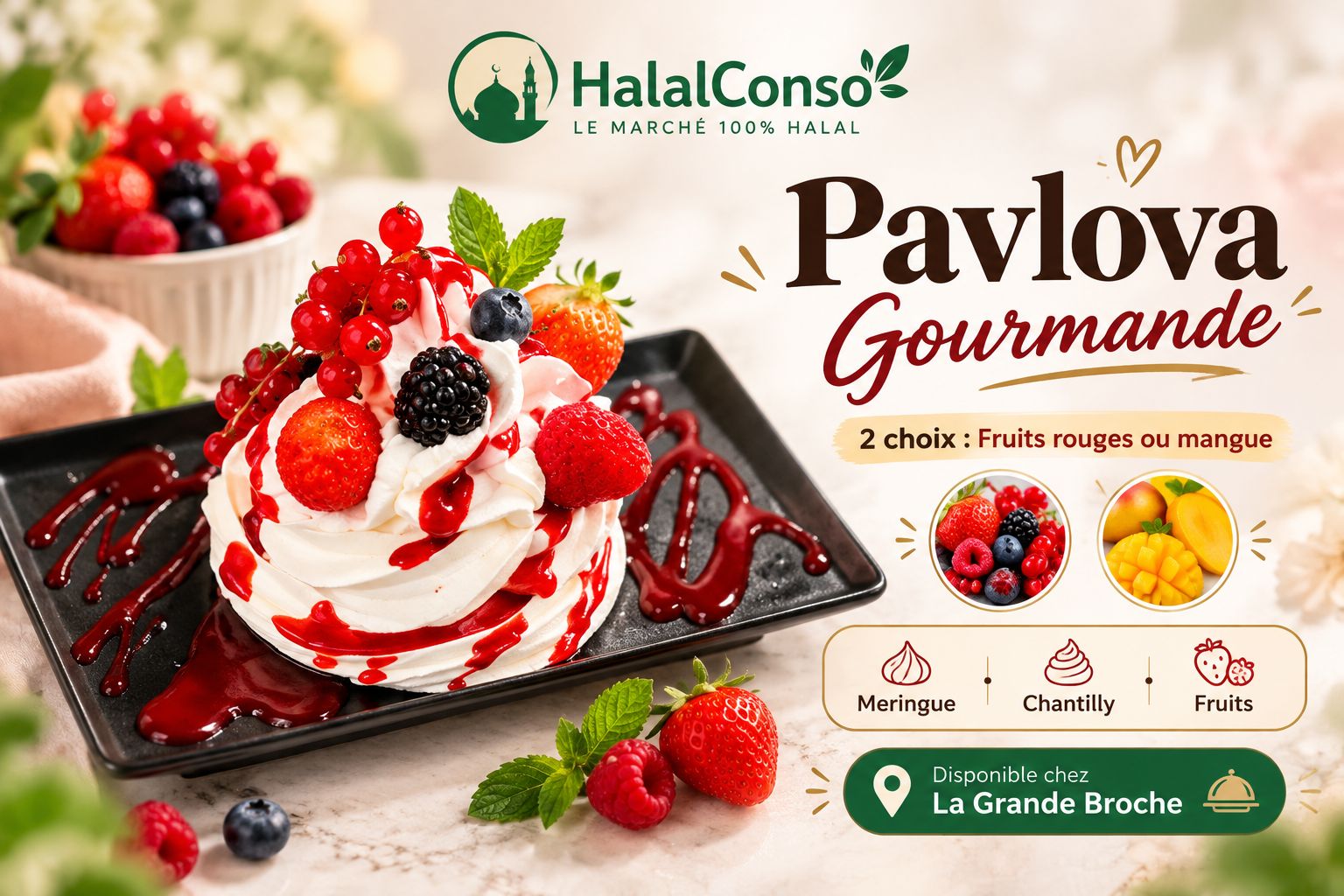 🍓 Pavlova Gourmande – Fruits Rouges ou Mangue